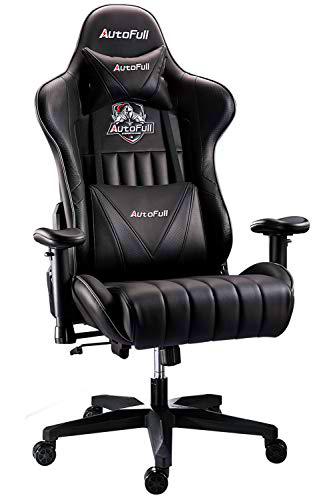 AutoFull Silla Gaming Ergonómica Silla de Oficina Silla Gamer Cuero de PU Silla de Escritorio,Altura e inclinación Ajustables,Reposacabezas y Soporte Lumbar,Negro (garantía de Tres años)