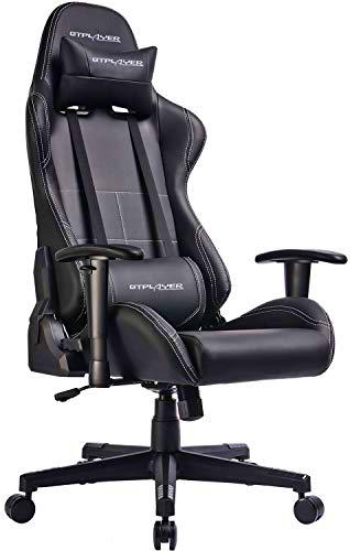 GTPLAYER Silla Gaming Escritorio Oficina Cuero Ordenador Gamer Silla Asiento Engrosado Ergonomica con Cojín Reposabrazos 2D Ajustables Respaldo Reclinable Negro