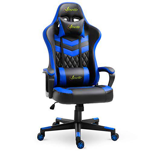 Vinsetto Silla Gaming Silla de Escritorio de Oficina Ergonómica Altura Regulable Basculante con Reposacabezas Cojín Lumbar 61x70x121-129 cm Azul