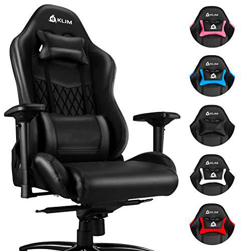 KLIM Esports Silla Gaming Ergonómica + con Soporte Lumbar y Cervical + Reclinable + Silla de Escritorio Ajustable + Piel Sintética y Materiales Premium + Silla Gamer Negra [Nueva VERSIÓN 2021]