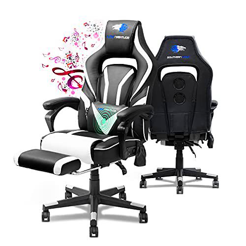 SOUTHERN WOLF Silla Gaming, Ergonómica Silla Gamer con Altavoz Bluetooth, Silla Escritorio de Estilo Racing con Reposapiés Retráctil, Ajustable Reposabrazos PU Cuero Silla Oficina con Lumbar Masaje