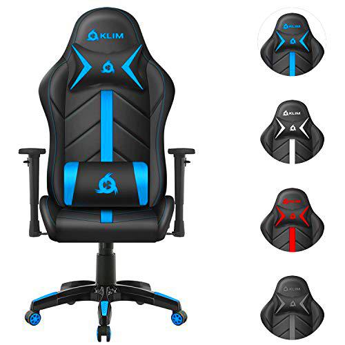 KLIM Silla Gaming Soporte Lumbar y Cervical + Silla de Escritorio con Ruedas Ajustable y reclinable + Piel Sintética y Materiales Premium + Silla Gamer + Nueva 2021 (Azul)