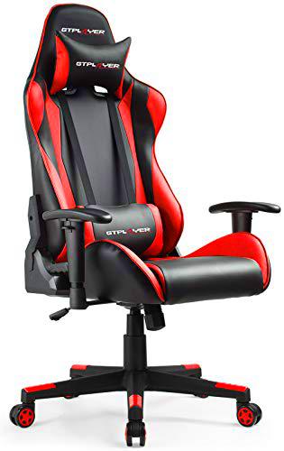 GTPLAYER Silla Gaming Escritorio Oficina Cuero Ordenador Gamer Silla Asiento Engrosado Ergonomica con Cojín Reposabrazos 2D Ajustables Respaldo Reclinable (Negro-Rojo)