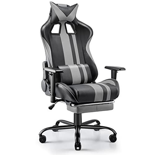 Soontrans Silla Gaming Ergonomica Silla Gamer con Reposapies Silla de Oficina Altura Ajustable Silla de Computadora con Soporte Lumbar Reposacabezas(Gris)