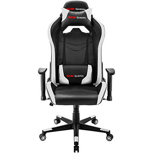 Mars Gaming MGC3BW, Silla Gaming Ergonómica, Cojín Lumbar y Cervical, Blanco